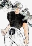  308albi bird bird_in_front_of_eye black_shirt blue_eyes cowboy_shot eyelashes gojou_satoru highres jujutsu_kaisen muscular muscular_male one_eye_covered pants shirt short_hair short_sleeves smile t-shirt white_background white_hair white_pants 