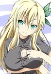  blonde_hair boku_wa_tomodachi_ga_sukunai breast_hold breasts bug butterfly butterfly_hair_ornament cleavage green_eyes hair_ornament head_tilt insect kashiwazaki_sena large_breasts long_hair no_bra open_clothes open_shirt seductive_smile shirt smile solo tom_(tom0315) upper_body 