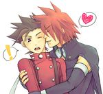 age_difference akagi_haruna akaki blush brown_eyes brown_hair eyes_closed father_and_son fingerless_gloves gloves heart hug kratos_aurion lloyd_irving red_hair short_hair simple_background smile spiked_hair spiky_hair surprised tales_of_(series) tales_of_symphonia 