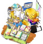  alternate_costume alternate_hairstyle animal_ears bad_id bad_pixiv_id blonde_hair bow box cardboard_box casual chair chibi comiket fox_ears fox_tail from_above hair_bow hat hot luggage manga_(object) multiple_girls multiple_tails orange_eyes profile purple_eyes sweat table tail touhou yakumo_ran yakumo_yukari yukataro 