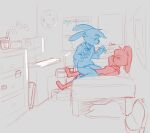 agidyne anthro bed blush bodily_fluids buckteeth clock clothing computer cousins_(lore) cup_noodles cupping_cheek dialogue duo electronics eyes_closed female furniture hi_res hoodie lagomorph leaning leaning_backward lying male male/female mammal monochrome on_back post-it_note rose_(agidyne) shoulderless_topwear simple_background sitting sketch stephen_(agidyne) straddling sweat teeth topwear