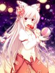  arm_up bad_id bad_pixiv_id ball bow bug butterfly candy fang flower food fujiwara_no_mokou hair_bow hair_flower hair_ornament hair_ribbon insect lights lollipop long_hair midriff open_mouth pants red_eyes ribbon sanotsuki shirt silver_hair solo strap_slip suspenders tongue tongue_out touhou very_long_hair 