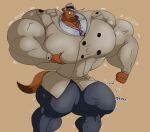 2024 5_fingers ace_hart biceps big_bulge big_muscles big_pecs black_eyebrows black_eyes black_nose brown_body brown_fur bulge button_(fastener) canid canine canis cheek_tuft clothing coat creaking deltoids detective domestic_dog eyebrows facial_markings facial_tuft fingers fist fur genital_outline german_shepherd greggrth groping_chest groping_pec growth hat head_markings headgear headwear herding_dog hi_res huge_bulge huge_muscles huge_pecs hyper hyper_bulge hyper_muscles latissimus_dorsi line_art looking_down looking_down_at_self male mammal markings motion_lines muscular muscular_legs muzzle_(marking) necktie onomatopoeia open_mouth pastoral_dog pattern_necktie pecs pink_inner_ear pink_tongue pointy_ears portrait quads self_grope shirt shocked simple_background solo sound_effects story story_in_description strain_(sound_effect) striped_necktie tail tail_markings tan_background text thick_thighs three-quarter_portrait throbbing throbbing_bulge tight_clothing tongue topwear trenchcoat triceps trilby tuft worried