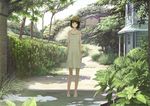  bad_id bad_pixiv_id brown_eyes brown_hair bush domo1220 dress foliage hat head_tilt mori_girl nature original path plant road sandals scenery short_hair solo standing sun_hat sundress tree 