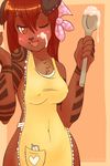  apron batter body_markings breasts cake_batter canine dog ear_piercing eyewear female glasses hair headkerchief hensa mammal markings one_eye_closed orange_eyes piercing pocket red_hair solo spoon waitress_(artist) 