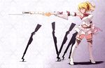  armpits bad_id bad_pixiv_id bayonet blonde_hair blue_eyes breasts character_request earrings gun highres jewelry large_breasts mahou_shoujo_madoka_magica midriff navel parody planted_weapon ponytail rifle ryo-ma solo thighhighs weapon 