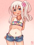  1girl arm_behind_back artist_logo bikini blonde_hair blue_bikini blue_eyes commentary_request cosplay cowboy_shot cutoffs dated denim denim_shorts flower gradient_background grecale_(kancolle) grecale_(kancolle)_(cosplay) grecale_(swimsuit)_(kancolle) hair_flower hair_ornament halterneck jewelry kanon_(kurogane_knights) kantai_collection logo long_hair multicolored_bandeau navel necklace one-hour_drawing_challenge one-piece_tan open_fly pink_background ro-500_(kancolle) shorts side_ponytail smile solo swimsuit tan tanlines 