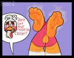 2023 3_toes anthro avian bird blarf022 blush bodily_fluids chicken curling_toes dialogue embarrassed english_text feathers feet female five_nights_at_freddy&#039;s freddy_fazbear&#039;s_pizzeria_simulator funtime_chica_(fnaf) galliform gallus_(genus) hi_res lipstick makeup orange_feet phasianid scottgames smelly smelly_feet soles solo sweat sweaty_feet text toes white_body white_feathers wrinkled_feet wrinkles