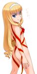  ass blonde_hair blue_eyes dream_c_club dream_c_club_(series) dream_c_club_zero drill_hair fingernails from_behind hairband haruka_(dream_c_club) highres long_hair looking_at_viewer looking_back nail_polish naked_ribbon nude ribbon simple_background smile solo sugoihi very_long_hair 