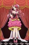  bad_id bad_pixiv_id bare_legs bare_shoulders bow checkered checkered_floor curtains dress flower frills full_body gloves green_eyes hair_flower hair_ornament jewelry long_hair necklace original pink_dress pink_footwear red_flower red_hair red_rose ribbon rose shainea shoes smile solo 