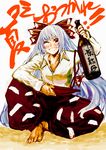  akasia alcohol bad_id bad_pixiv_id barefoot bottle bow cup feet fujiwara_no_mokou grin hair_bow highres indian_style long_hair one_eye_closed sakazuki sake sake_bottle sitting smile solo touhou 