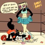 anthro black_arms black_body black_eye_(injury) black_fur blush blush_lines bottomwear boxing_gloves bruised chloe_(fellowthewulf) clothing comic container cup cuphead_(game) defeated dialogue duo english_text fan_character feet fellowthewulf female fighting_ring foot_on_tongue foot_wrapping foot_wrappings foot_wraps for_a_head fur handwear hi_res humanoid kickboxing knock_out knockout lecture leg_wrap leg_wraps miss_tea_(netto-painter) muay_thai object_head shorts speech_bubble tall_girl tassels tea_bag tea_cup text tongue_on_foot toony topwear white_face wraps yellow_body