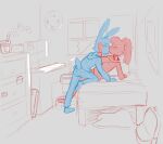 agidyne anthro bed blush clock computer cousins_(lore) cup_noodles cupping_cheek duo electronics eyes_closed female freckles furniture hi_res kissing lagomorph leaning leaning_backward male mammal monochrome post-it_note rose_(agidyne) shoulderless_topwear simple_background sitting sketch stephen_(agidyne)