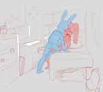 agidyne anthro bed blush clock computer cousins_(lore) cup_noodles cupping_cheek duo electronics eyes_closed female furniture hi_res implied_kiss lagomorph leaning leaning_backward male mammal monochrome post-it_note rose_(agidyne) shoulderless_topwear simple_background sitting sketch stephen_(agidyne)