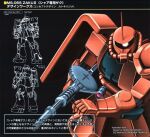  akutsu_jun'ichi cable gun gundam lineart looking_at_viewer machine_gun machinery mecha mecha_focus mixed-language_text mobile_suit mobile_suit_gundam multiple_views no_humans one-eyed radio_antenna robot science_fiction shield translation_request weapon zaku_ii zaku_ii_s_char_custom 