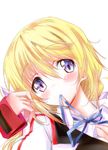  blonde_hair blush breasts charlotte_dunois cleavage infinite_stratos medium_breasts mouth_hold purple_eyes ribbon ribbon_in_mouth solo tsuchu 