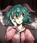  animal_ears commentary_request face green_eyes green_hair hand_on_own_face harusame_(unmei_no_ikasumi) highres kasodani_kyouko kiseru pipe serious short_hair smoke smoking solo touhou upper_body 