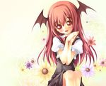  bat_wings floral_background flower hands_together head_wings koakuma long_hair open_mouth own_hands_together red_eyes red_hair sitting smile solo tilm touhou wings 