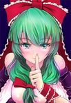  arm_ribbon bare_shoulders blush breasts cleavage finger_to_mouth front_ponytail green_eyes green_hair hair_ribbon kagiyama_hina medium_breasts off_shoulder ribbon sai-go shushing smile solo touhou 