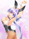  animal_ears arms_up ass back-seamed_legwear bow bowtie breasts bunny_ears bunny_tail bunnysuit cleavage detached_collar fang heterochromia large_breasts lavolpe_(yagisaka_seto) long_hair original pantyhose purple_hair seamed_legwear solo tail wrist_cuffs yagisaka_seto 