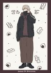  1boy arm_at_side black_jacket black_pants black_shirt black_shoes border bright_pupils brown_hoodie commentary copyright_name covered_mouth drawstring facial_tattoo food full_body grey_eyes grey_hair hand_up highres hood hood_down hoodie inumaki_toge jacket jujutsu_kaisen long_sleeves looking_at_viewer male_focus nata_kokone onigiri open_clothes open_jacket pants shirt shoelaces shoes solo standing sweater symbol-only_commentary tattoo tied_drawstring translation_request turtleneck turtleneck_sweater twitter_username white_pupils 