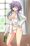  alternate_hair_color alternate_hairstyle breasts cleavage collarbone dress_shirt hair_down hand_on_hip highres izayoi_sakuya lavender_hair looking_at_viewer medium_breasts no_bra no_pants one_eye_closed open_clothes open_shirt panties purple_eyes purple_hair shirt short_hair solo teardrop tears touhou umyonge_(lkakeu) underwear undone white_panties window 