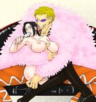 1girl areolae black_hair blonde_hair breast_grab breasts collarbone couch covered_nipples donquixote_doflamingo feather_boa food genderswap grabbing high_heels jewelry kure_miyatsuko large_breasts nipples one_piece perky_breasts popsicle ring scar shichibukai shoes sir_crocodile sitting smile sunglasses thighhighs 
