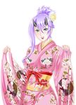  blush bow flower green_eyes hair_flower hair_ornament highres horns japanese_clothes kimono long_hair long_sleeves nail_polish pink_kimono ponytail purple_hair queen's_blade shizuka_(queen's_blade) smile solo yukata yuki1977 