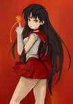  back_bow bishoujo_senshi_sailor_moon black_hair bow choker ebimomo elbow_gloves finger_gun fireball gloves highres hino_rei long_hair magical_girl purple_eyes red_background red_sailor_collar red_skirt sailor_collar sailor_mars sailor_senshi_uniform skirt solo tiara tongue white_gloves 