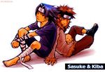  2boys akamaru_(naruto) bandage bandages blue_hair brown_hair coat facial_mark inuzuka_kiba kichijitsu lowres male male_focus multiple_boys naruto short_hair sitting uchiha_sasuke 