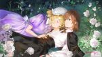  2girls absurdres black_bow black_bowtie black_capelet black_skirt blonde_hair bow bowtie brown_eyes brown_hair capelet check_flower closed_eyes closed_mouth collared_shirt commentary_request cowboy_shot curly_hair dress eyebrows_hidden_by_hair flower flower_request frilled_dress frilled_shirt frilled_skirt frills hand_on_another's_chest hand_on_another's_shoulder hat head_on_another's_shoulder head_on_hand highres jsnttzzj kneehighs long_sleeves lying maribel_hearn mob_cap multiple_girls neck_ribbon no_headwear on_back on_grass on_side purple_dress ribbon rose shirt short_hair signature skirt sleeping socks sunlight teeth touhou usami_renko waist_bow white_bow white_flower white_hat white_rose white_shirt white_socks yuri 