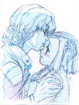 1girl barnaby_brooks_jr closed_eyes color_trace colored_pencil_(medium) eyelashes forehead_kiss glasses hands_clasped hands_on_shoulders jacket kaburagi_kaede kiss nishida_asako own_hands_together partially_colored profile short_hair side_ponytail tears tiger_&amp;_bunny traditional_media 