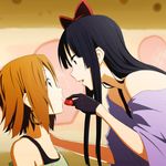  akiyama_mio black_eyes black_hair brown_eyes brown_hair casual eye_contact feeding food fruit gloves k-on! listen!! long_hair looking_at_another multiple_girls profile short_hair strawberry tainaka_ritsu yuri zasshu_tamashii 