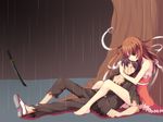  1girl araragi_koyomi bakemonogatari barefoot blood feet hug koflif legs living_hair long_legs monogatari_(series) rain sengoku_nadeko snake_hair spoilers sword weapon 