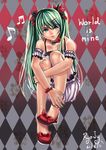  absurdres bracelet checkered checkered_background green_eyes green_hair hair_ornament hairclip hatsune_miku highres jewelry leg_hug long_hair nail_polish ryojy sitting solo twintails very_long_hair vocaloid world_is_mine_(vocaloid) 