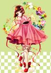  bad_id bad_pixiv_id brown_hair checkered checkered_background choker dress flower full_body green_background hair_ornament hairpin highres kneehighs pink_dress reala red_eyes see-through shoes short_hair smile solo tales_of_(series) tales_of_destiny_2 very_short_hair white_legwear wrist_cuffs yoko_(shiocolor) 