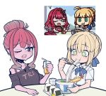  2girls artoria_pendragon_(fate) baobhan_sith_(fate) blonde_hair blue_eyes braid braided_bun chibi eating fate/grand_order fate_(series) food green_eyes hair_bun ichigo_berry multiple_girls photo-referenced ponytail red_hair saber_(fate) single_hair_bun 
