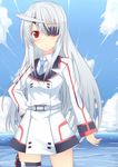  blush cloud day eyepatch frown hand_on_hip highres infinite_stratos kurifuto laura_bodewig long_hair necktie ocean red_eyes school_uniform silver_hair sky solo thigh_strap water 