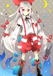  adapted_costume blue_flower blue_rose boots bow bunny cha_goma crescent_moon flower fujiwara_no_mokou hair_bow hair_ornament hairclip headphones highres long_hair long_sleeves moon orange_eyes rose shorts silver_hair solo standing star suspenders touhou 