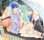  1girl anklet arm_support bad_id bad_pixiv_id bare_legs blue_eyes blue_hair blue_scarf boots bracelet circlet cushion earrings egyptian eye_contact green_eyes green_hair hatsune_miku high_heels irono_(irtyu) jewelry kaito long_hair long_legs looking_at_another midriff nail_polish reclining scarf see-through shirtless shoes skirt vambraces very_long_hair vocaloid 