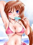  armpits bikini blue_eyes blush breasts brown_hair cleavage covered_nipples food large_breasts long_hair lyrical_nanoha mahou_shoujo_lyrical_nanoha_strikers melting navel nishi_kita one_eye_closed pink_sarong ponytail popsicle sarong side_ponytail sideboob solo swimsuit takamachi_nanoha underboob 