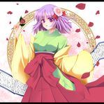  bow breasts flower fule hair_flower hair_ornament hieda_no_akyuu highres japanese_clothes kimono large_breasts open_mouth petals purple_eyes purple_hair short_hair solo touhou 