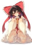  1girl absurdres ascot barefoot bloomers blush bow brown_eyes brown_hair cameltoe commentary_request detached_sleeves frilled_bow frilled_hair_tubes frills hair_bow hair_tubes hakurei_reimu highres long_hair open_mouth red_bow red_skirt ribbon-trimmed_sleeves ribbon_trim seika_okawari simple_background sitting skirt skirt_set soles solo toes touhou white_background white_bloomers yellow_ascot 