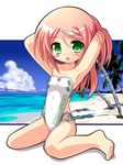  bare_shoulders barefoot beach casual_one-piece_swimsuit green_eyes long_hair miokuri momone_momo one-piece_swimsuit pink_hair sitting solo swimsuit utau wariza 