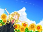 absurdres air blonde_hair closed_eyes cloud condensation_trail day flower from_below highres kamio_misuzu long_hair outstretched_arms ponytail school_uniform sky solo spread_arms sunflower tateshina 