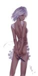  absurdres apron ass back bare_back from_behind green_eyes highres izayoi_sakuya knife lips looking_back naked_apron scrap_iron short_hair silver_hair solo touhou 