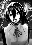  1girl absurdres aerial_fireworks black_hair blood breasts chainsaw_man choker collared_shirt fireworks greyscale hair_between_eyes hair_bun highres horibata_shoka large_breasts monochrome neck_ribbon night outdoors reze_(chainsaw_man) ribbon severed_tongue shirt sleeveless sleeveless_shirt solo 