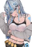  1girl amagai_ruka appleseed_(appleseed_art) blue_eyes blue_hair blue_nails breasts dolphin_hair_ornament ear_piercing fangs fishnet_pantyhose fishnets grey_hair grey_jacket hair_ornament heart heart_hair_ornament highres jacket jewelry midriff multicolored_hair nail_polish navel off_shoulder open_mouth pantyhose piercing ring simple_background solo streaked_hair v virtual_pet_(toy) virtual_youtuber weather_planet white_background 