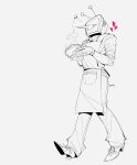  1boy ant_tenna apron bowl collared_shirt commentary crt deltarune english_commentary gloves greyscale heart highres holding holding_bowl im_vess long_nose male_focus monochrome necktie object_head pants pointy_nose radio_antenna shirt shoes solo utdr_(toby_fox) 
