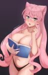  1girl black_panties blue_eyes blush boobs_in_book_(meme) book breasts cleavage covering_breasts covering_privates english_commentary eyebrows_hidden_by_hair hair_between_eyes highres holding holding_book large_breasts long_hair maria_cadenzavna_eve meme mitamory navel open_mouth panties pink_hair purple_background scratching_cheek senki_zesshou_symphogear simple_background solo stomach sweatdrop topless_female underwear very_long_hair 